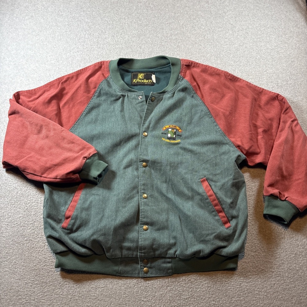 K Products Agrigold Jacket Mens XL Green Red Color Block Bomber USA Made Vtg 90